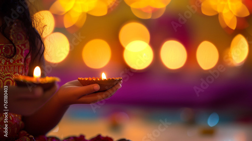 Indian girl holding Diwali diya or oil lamp over blurred background. AI.