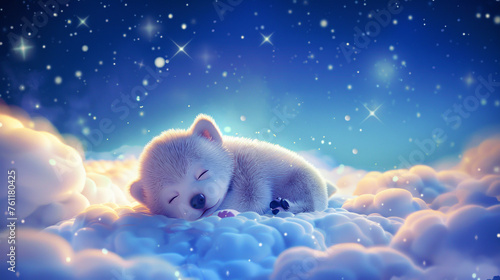 Cute siberian husky puppy sleeping on the cloud. AI. photo