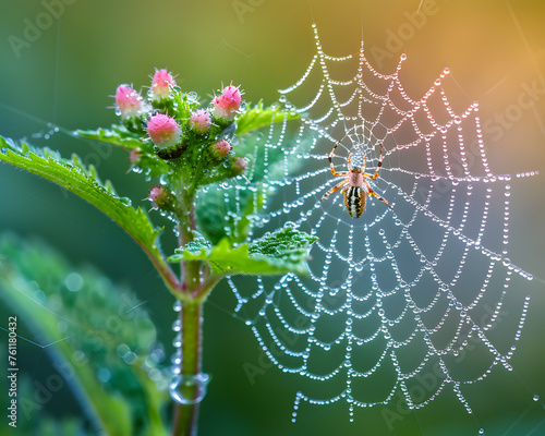 Close-up of a dew-covered spider web glistening in the morning sun, attached to a plant with pink blossoms.