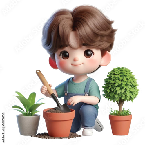 boy planting trees earth day 3D render illustrator

