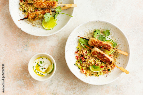 Delicious turkey kebabs with quinoa side dish and vegetables. Healthy food.
