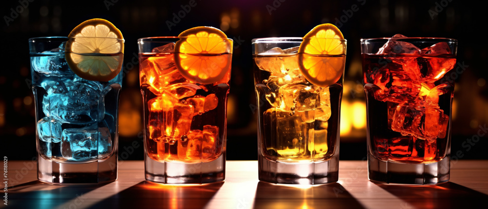 Three glasses filled with different types of drinks on - obrazy, fototapety, plakaty 
