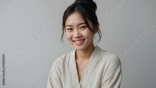 Portrait of a happily smiling young Asian woman.