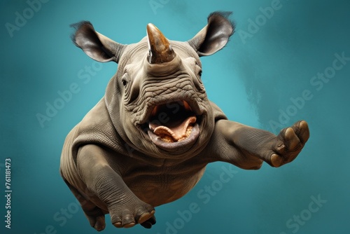 Happy rhinoceros jumping and having fun.