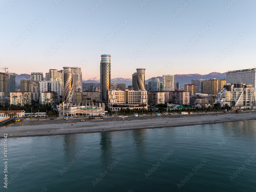 Naklejka premium Aerial view of modern luxury hotel Colosseum Marina on Sherif Khimshiashvili street. Batumi, Georgia