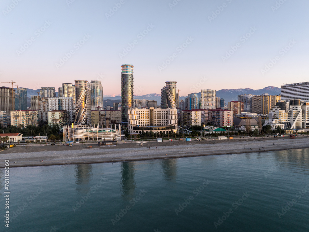 Aerial view of modern luxury hotel Colosseum Marina on Sherif Khimshiashvili street. Batumi, Georgia