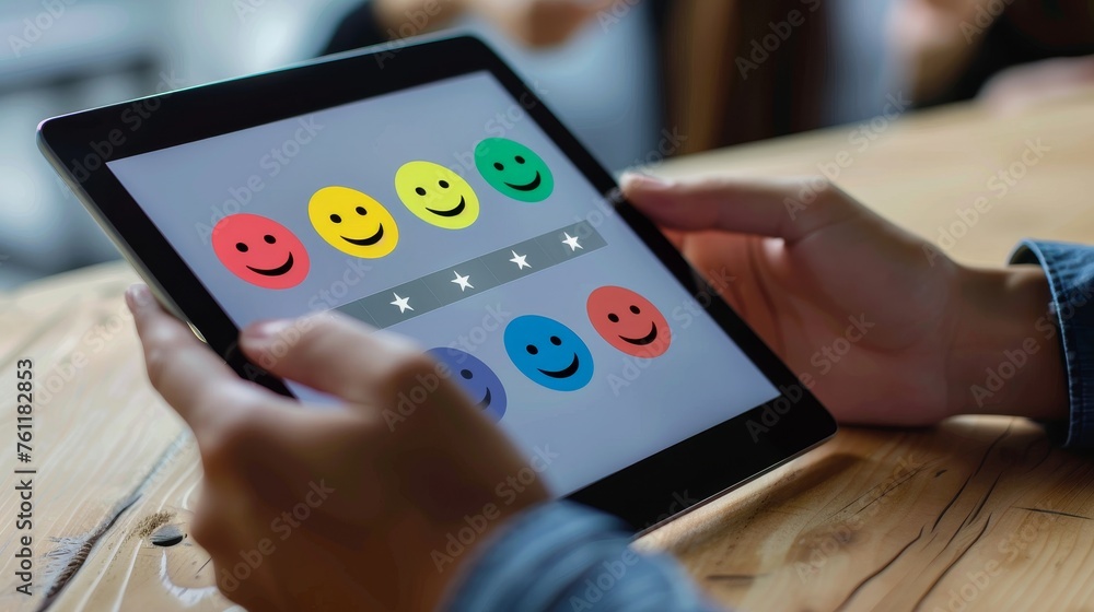 DataDriven Decision Making Executive Analyzing Customer Sentiment on Tablet DataDriven Decision Making Executive Analyzing Customer Sentiment on Tablet