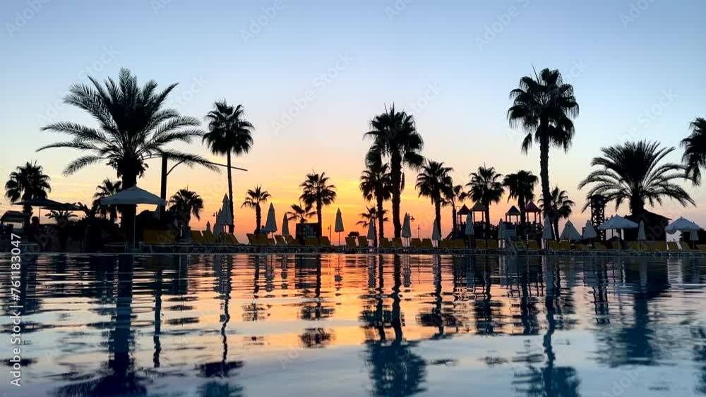Palm trees reflection on water during sunset at beach Palm trees reflection on water during sunset at beach