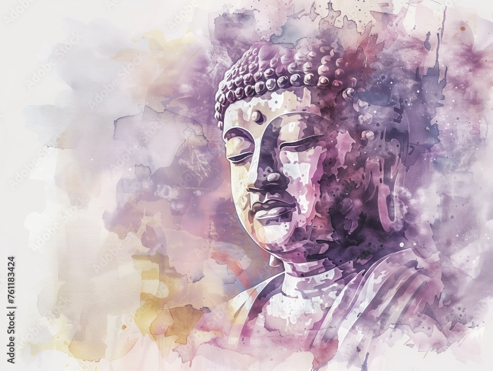 Ethereal Buddha in Watercolor, painting serene visage of the Buddha, blending spiritual symbolism with a harmonious palette of soft purples and pinks, evoking a sense of peace and enlightenment