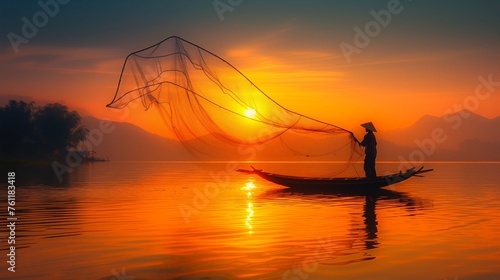 Golden Sunrise Fishing: A Fisherman Casts Net Amidst Serene Waters, Mountains, and a Vibrant Dawn  © Thanakit