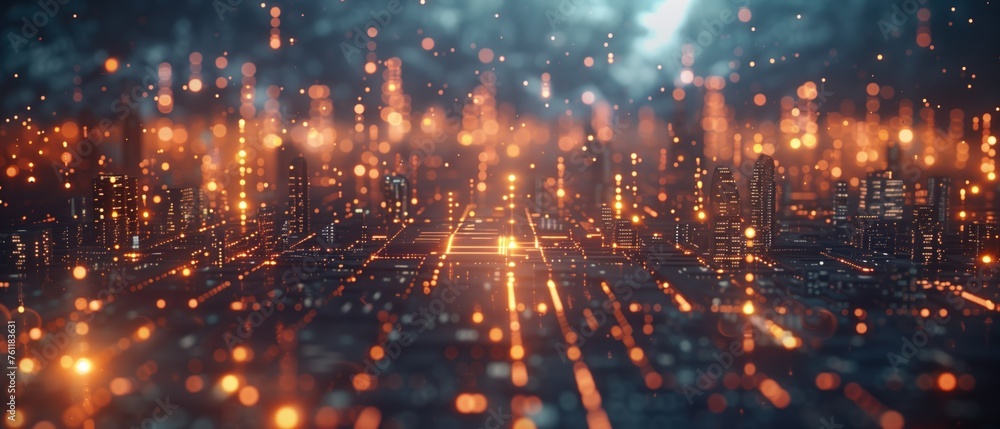 Fototapeta premium Glowing Circuit Cityscape, an urban skyline, where the city and its myriad connections are visualized as a glowing circuit board, symbolizing the interconnectivity of modern technology and urban life.