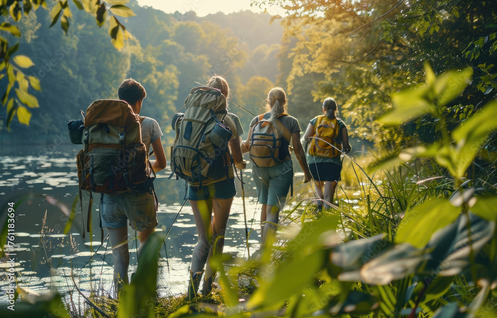 A group of friends hiking in nature, smiling and enjoying the beauty around them while holding walking sticks. They have backpacks on their backs as well as camping gear for an outdoor adventure trip