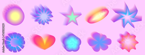 Gradient Y2k shape blur set. Flower, star, planet blurry aesthetic y2k. Vector pastel form illustration. Aura gradient shape
