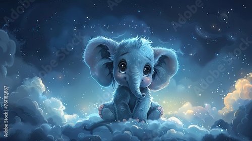 A cute little baby elephant happily sits on a soft fluffy cloud, showing a sense of wonder. Funny and kind animals photo