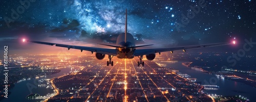 The plane flies over the illuminated city at night, stars in the sky, clear night.
