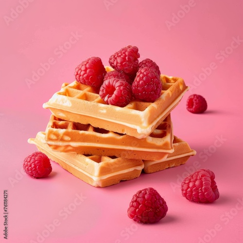 Tasty crispy waffles sprinkled with sugar and raspberries on a pink background.