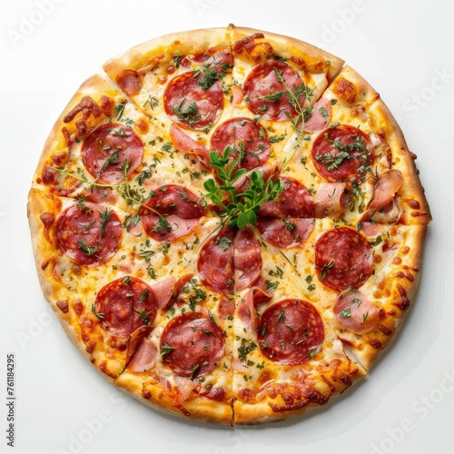 Delicious fresh pizza on a white background.