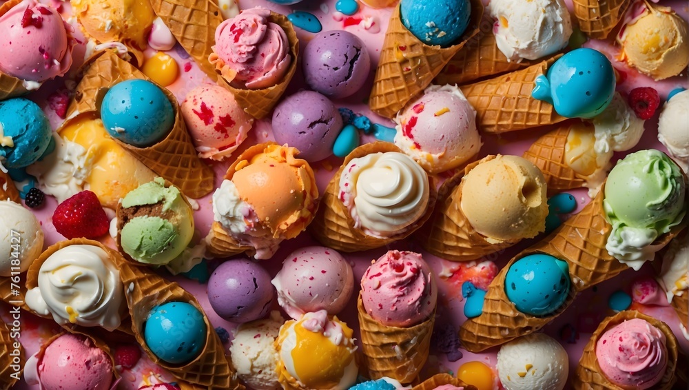 A sumptuous explosion of ice cream flavors, artfully cut out from the background Generative AI