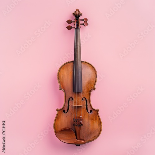 Wooden violin on a pink background.
