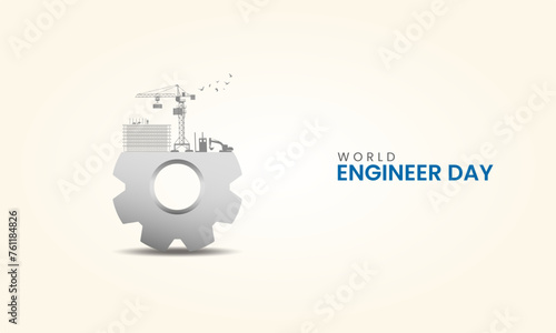 World engineers day, Gear Icons with building, city, town, engineers helmet, Design for social media banner, poster 3D Illustration.