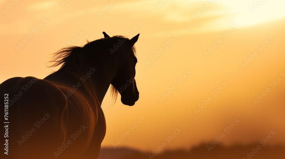 Silhouette of horse on sunset sky.