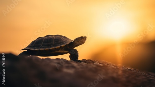 Silhouette of turtle on sunset sky. © vlntn