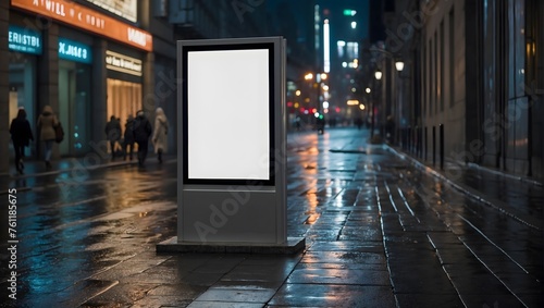 A vertical  blank advertising billboard positioned on a sidewalk  surrounded by the night ambiance of a city Generative AI