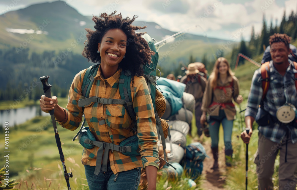 A group of friends hiking in nature, enjoying the beauty and tranquility while holding fishing poles and backpacks on their backs - obrazy, fototapety, plakaty 