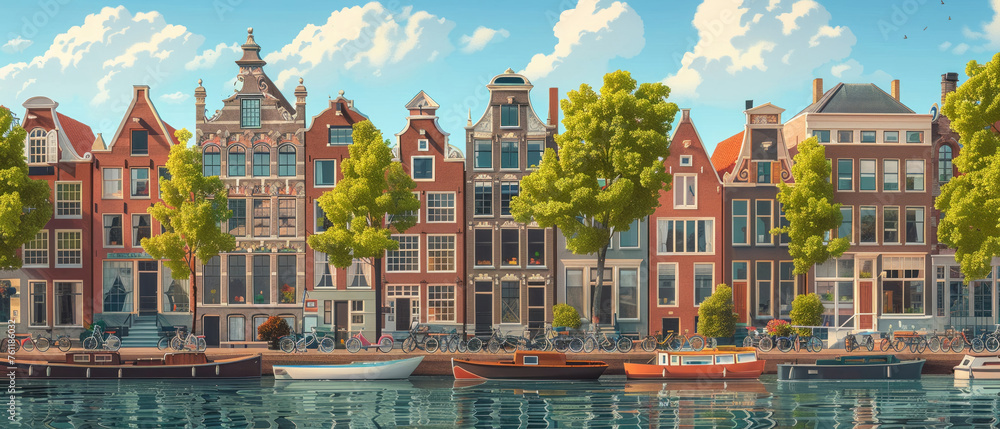 Stylized depiction of Amsterdam canals complete with bicycles and quaint