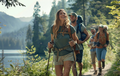 A group of friends hiking in nature, enjoying the beauty and tranquility while holding fishing poles and backpacks on their backs