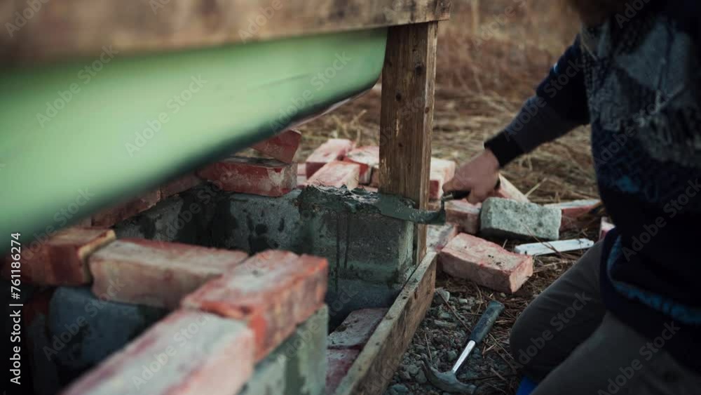 Person Is Laying A Brick Wall. DIY Hot Tub. Close-up Shot Person Is Laying A Brick Wall. DIY Hot Tub. Close-up Shot