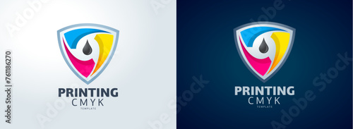 Logo CMYK Ink Printing theme. Shield and Drop. Template design vector.