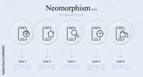 Smartphone line icon set. Speed check, search, magnifying glass, clock, smart home, communication, connection, application. Neomorphism style. Vector line icon for Business