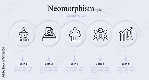 Elections line icon set. Pedestal, public speaking, bulletin, debate, rise in popularity. Neomorphism style. Vector line icon for Business