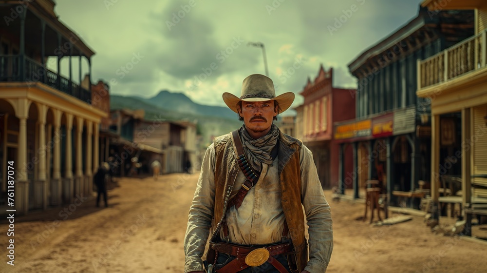 Cowboy On The City Street. Illustration On The Theme Of History And Territories, People And Lifestyle. Generative AI
Cowboy On The City Street. Illustration On The Theme Of History And Territories, People And Lifestyle. Generative AI