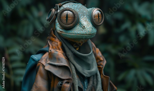 A Humorous Character In The Form Of A Lizard Dressed As A Traveler. Illustration On The Theme Of Cinema And Cartoons, Fantasy And Comics. Generative AI 