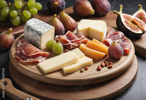 Italian appetizer prosciutto and cheeses served on board platter with figs and grape