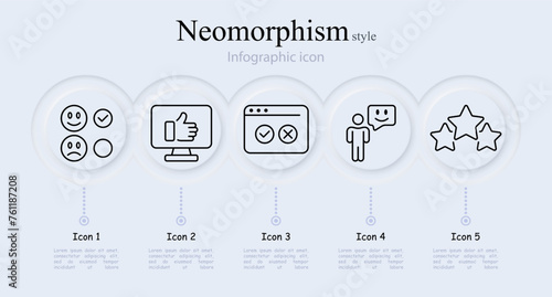 Feedback line icon set. Bad review, monitor, stars, rating, application, comment, emoji, website, phone. Neomorphism style. Vector line icon for Business