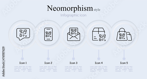 Quar code line icon set. Scanner, smartphone, box, mail, message, online purchase. Neomorphism style. Vector line icon for Business photo