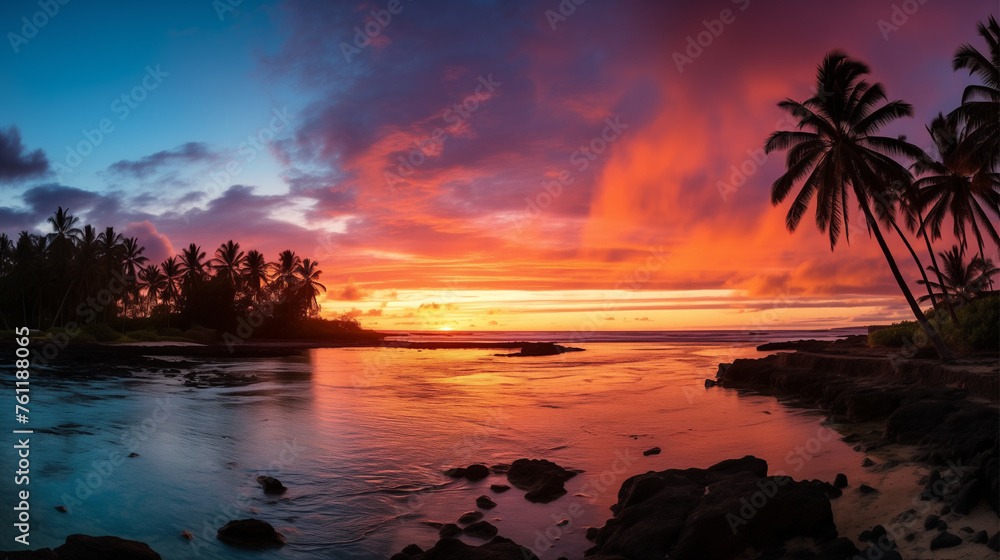 a beautiful sunset over the ocean with palm trees. ai generated image.