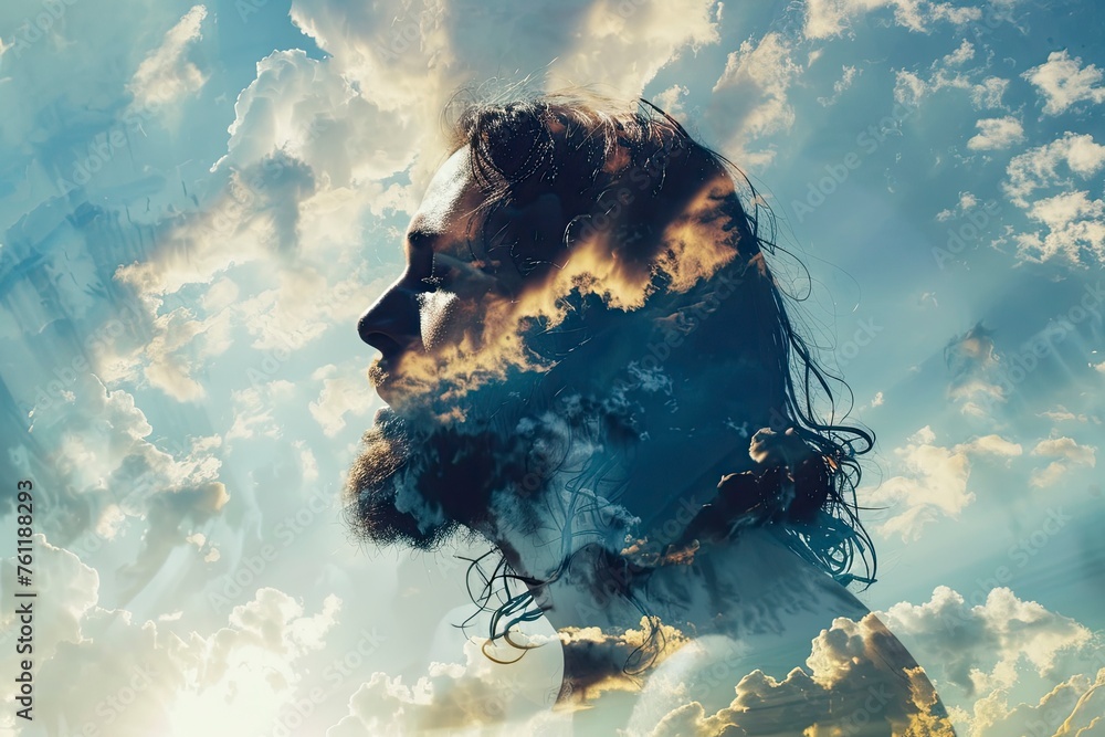 Silhouette of Jesus Christ and cloudy sky, double exposure with generative ai