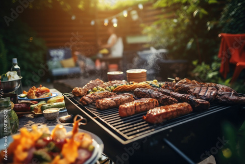 Meat and vegetables on a barbecue grill in the sunshine in the backyard of a house. photo