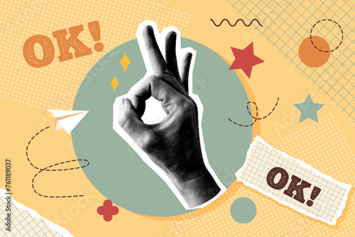 Card in vintage new nostalgia collage style. Paper halftone hand showing gesture OK. Retro vector pop art design.