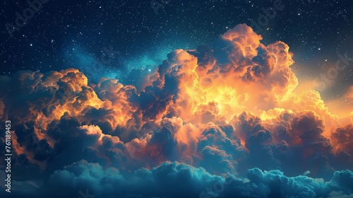 fantasy sky with fluffy, glowing clouds under stars, creating otherworldly atmosphere