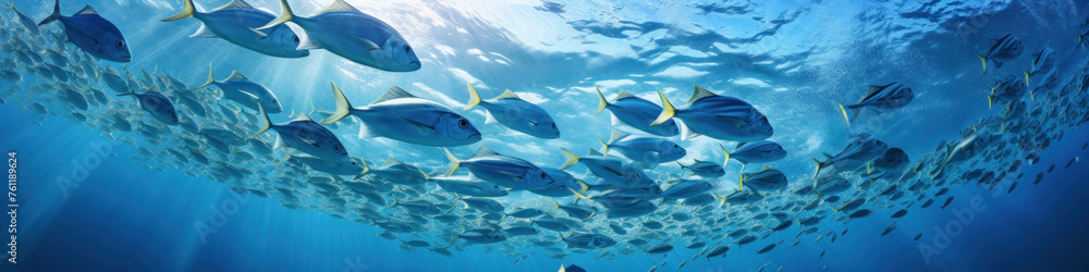 Naklejka premium Wide angle view of a large group of fish underwater.