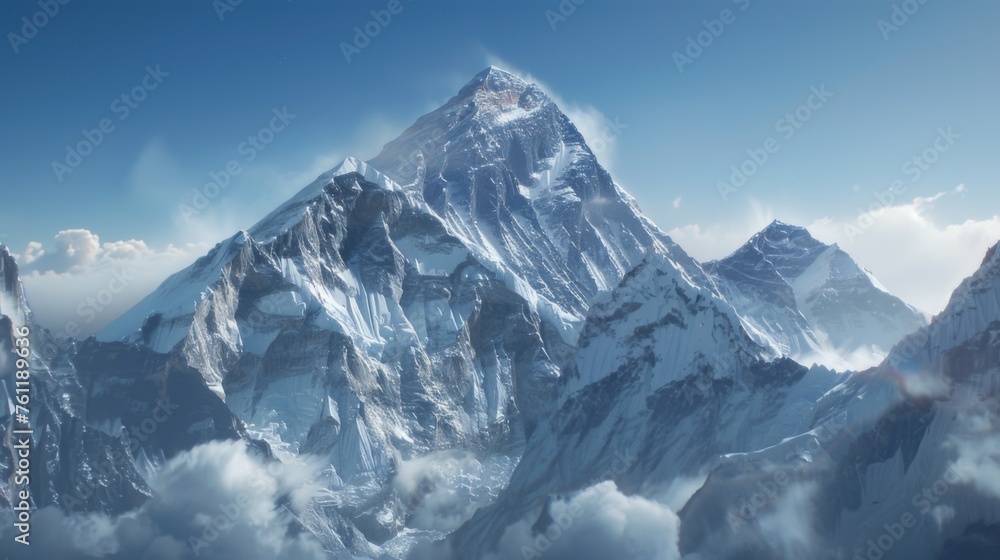 Fototapeta premium Mount Everest stands as the pinnacle amidst snow-capped peaks, reigning as the loftiest summit on Earth.