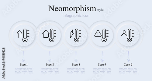 Thermometer line icon set. Temperature, lightning, threat, thermostat, mercury, weather, degree, disease, scale, Celsius, heat, meter, cold. Neomorphism style. Vector line icon for Business