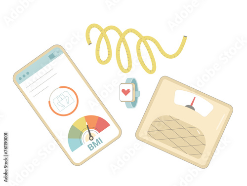 Weight loss control. BMI Body mass index. Vector flat illustration