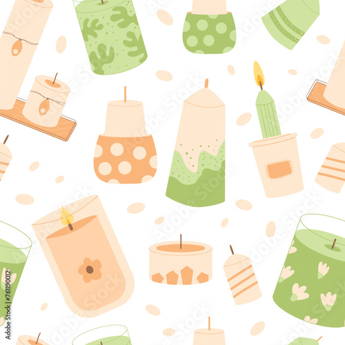 Spa candles seamless pattern. Aroma scented accessories endless background. Home decor items repeat cover. Vector cartoon flat illustration