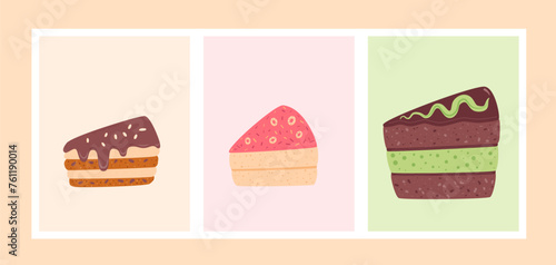 Slice of cakes cards set. Vector pie flat illustration